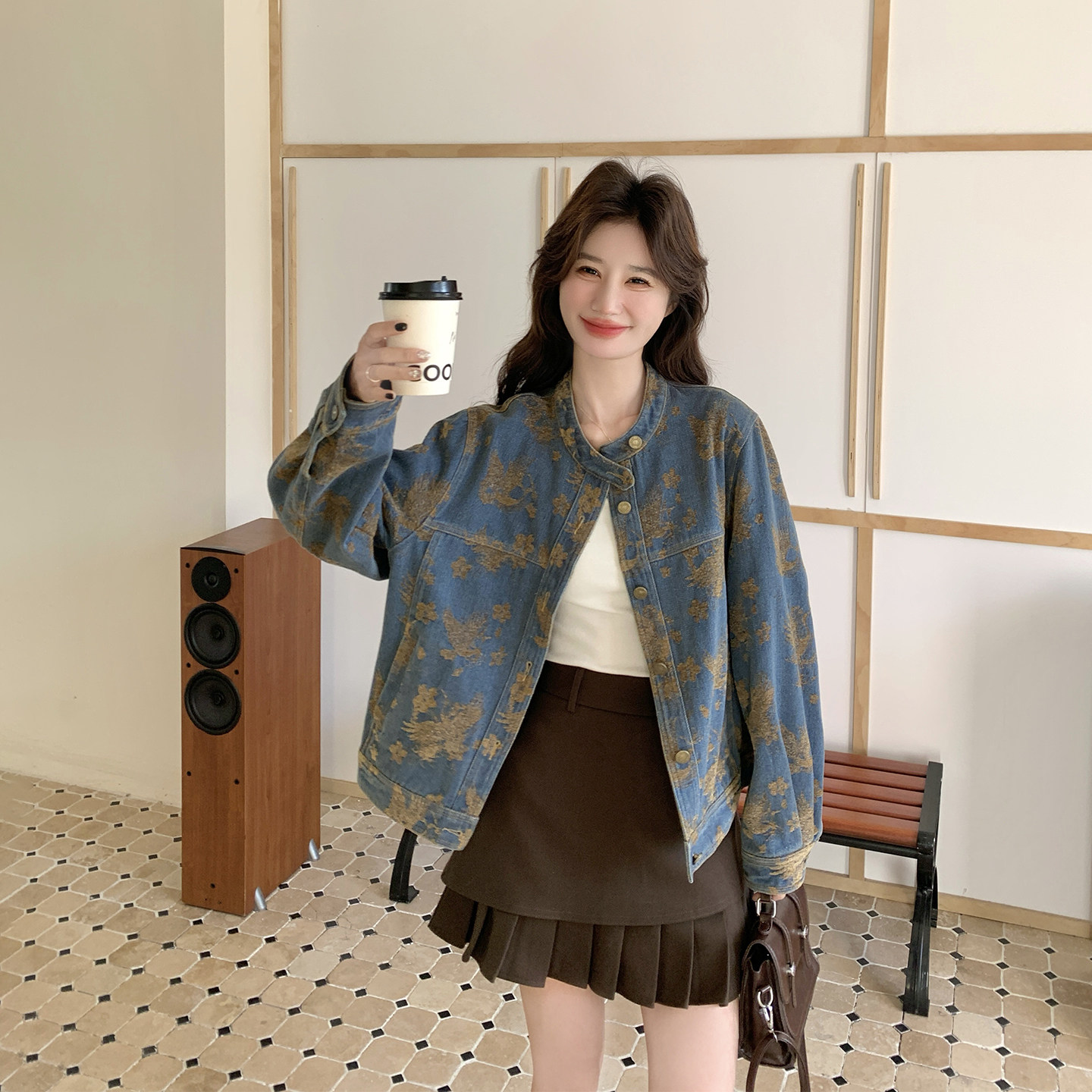 时尚复古印花蓝色立领牛仔短外套女春季2026新款小个子巨好看夹克