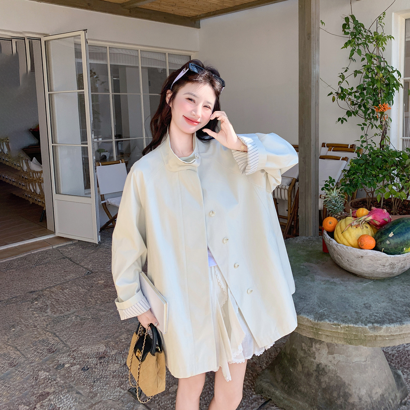 条纹拼接立领风衣外套女春季2026新款中长款英伦风爆款巨好看大衣