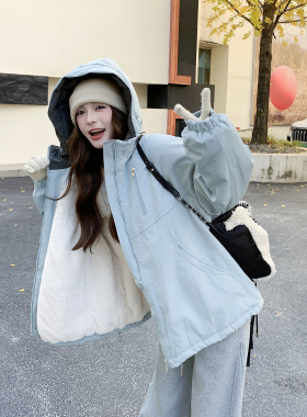 浅蓝色连帽加绒加厚派克服外套女冬季2025新款工装减龄爆款高级感