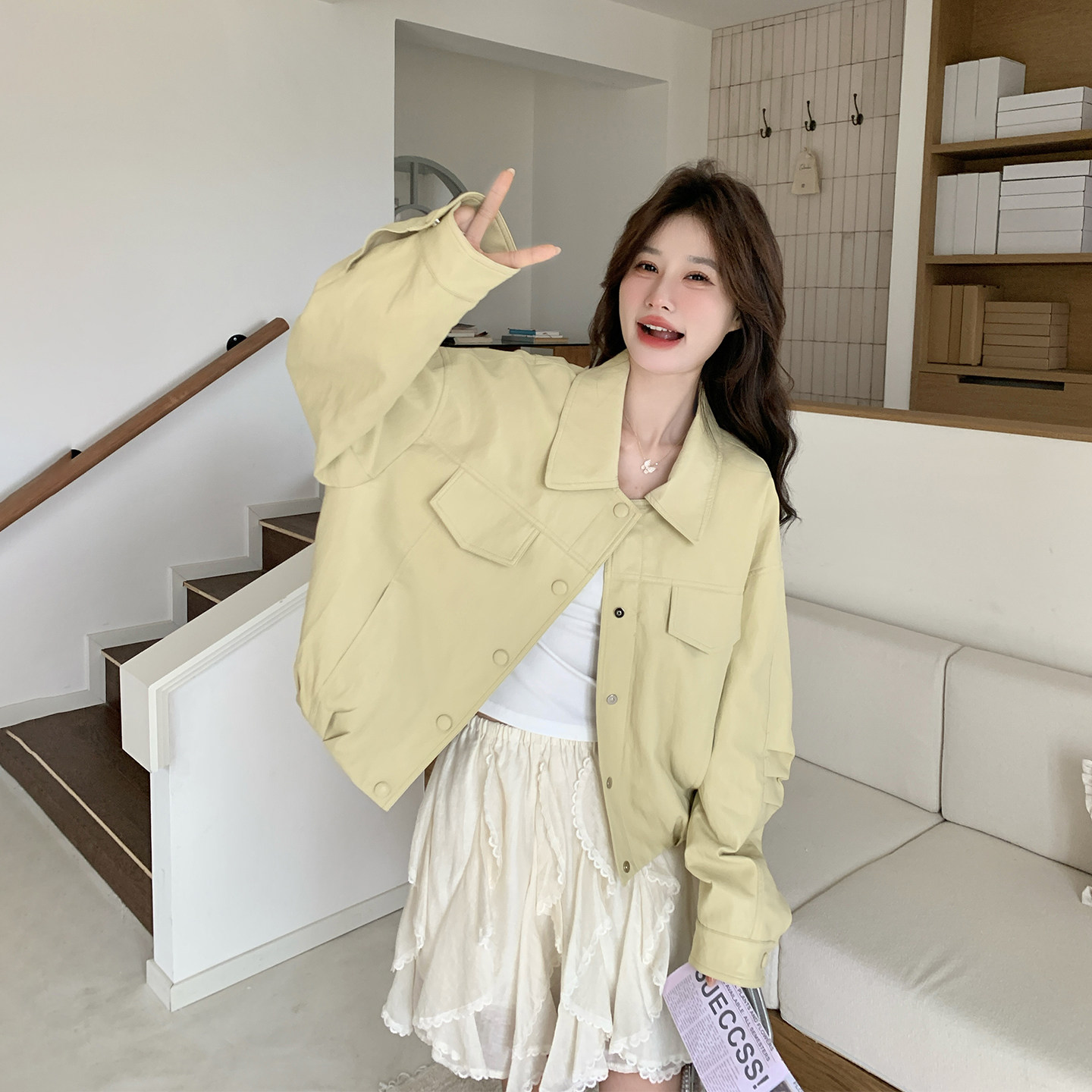 韩系减龄甜美独特漂亮黄色短款皮衣外套女春季2026新款小个子夹克