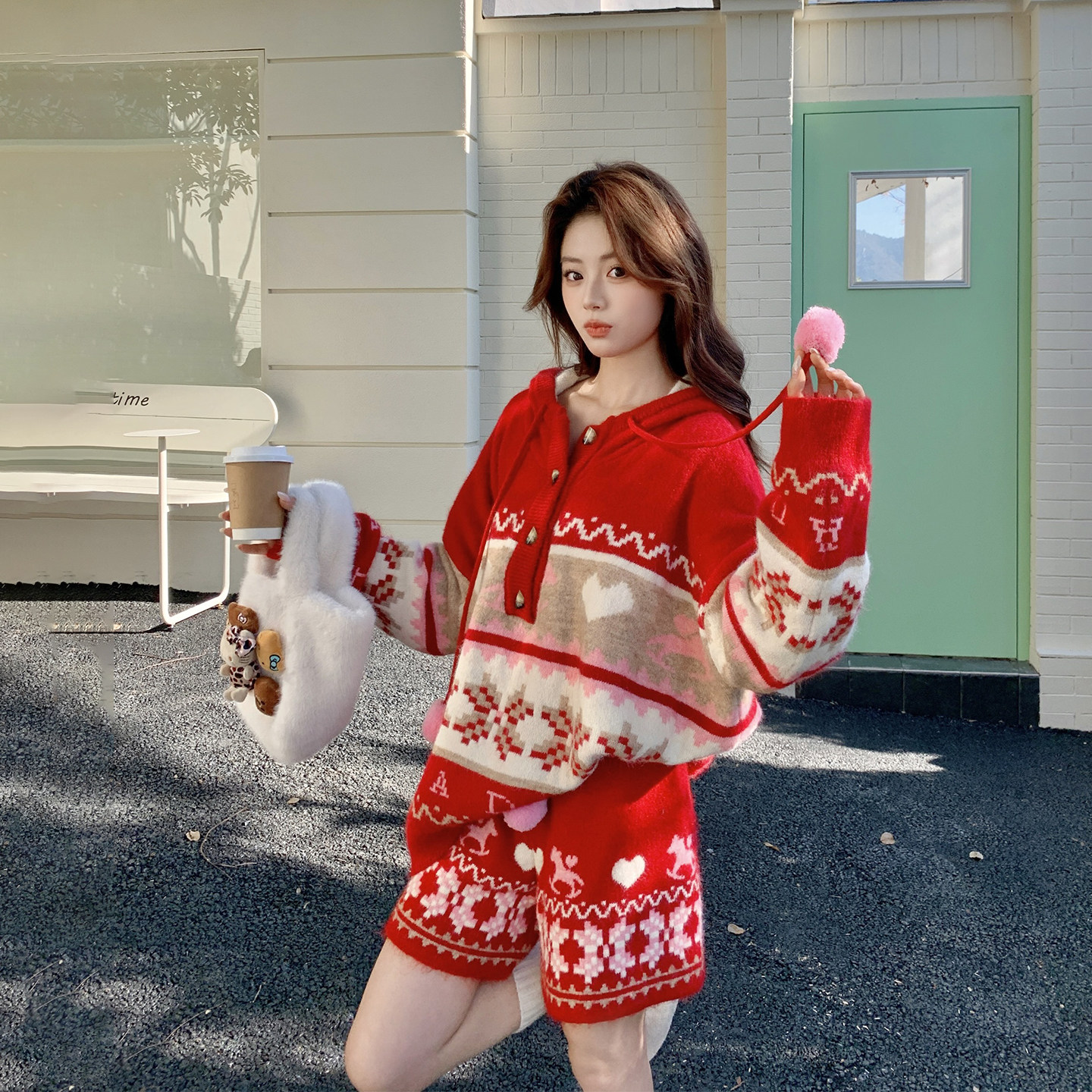 少女风红色提花针织连帽毛衣套装女春季2026新款小个子短裤两件套