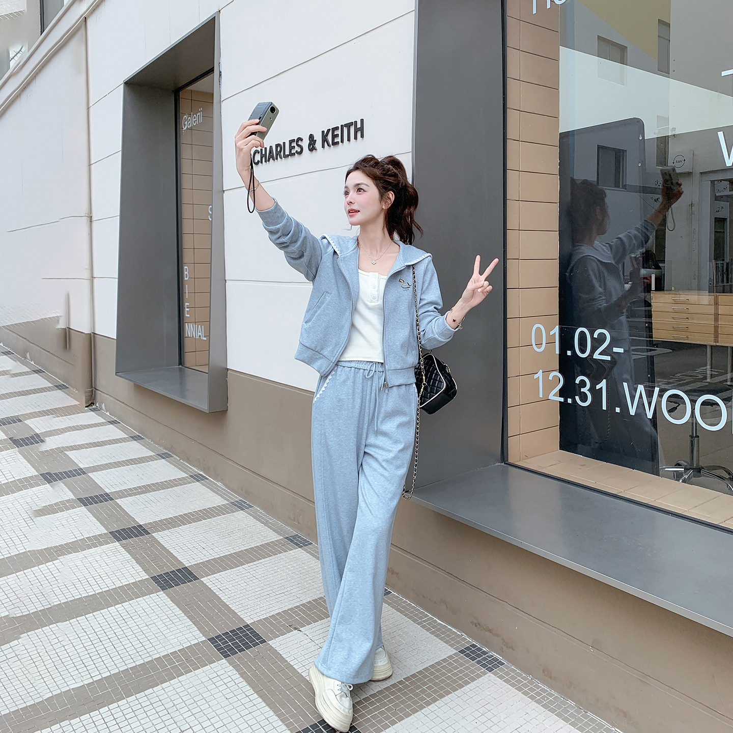 休闲运动风海军领卫衣套装女春季2026新款巨好看宽松阔腿裤两件套