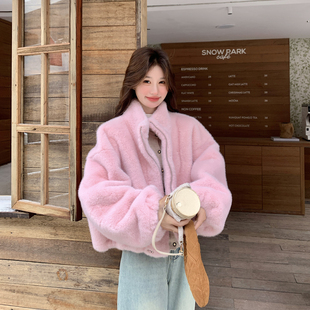甜美温柔风浅粉色短款外套女冬季2026新款小个子仿皮草貂绒巨好看