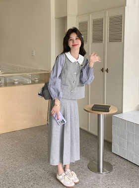俏皮减龄少女风灰色马甲半身裙套装女春季2026新款条纹衬衫三件套