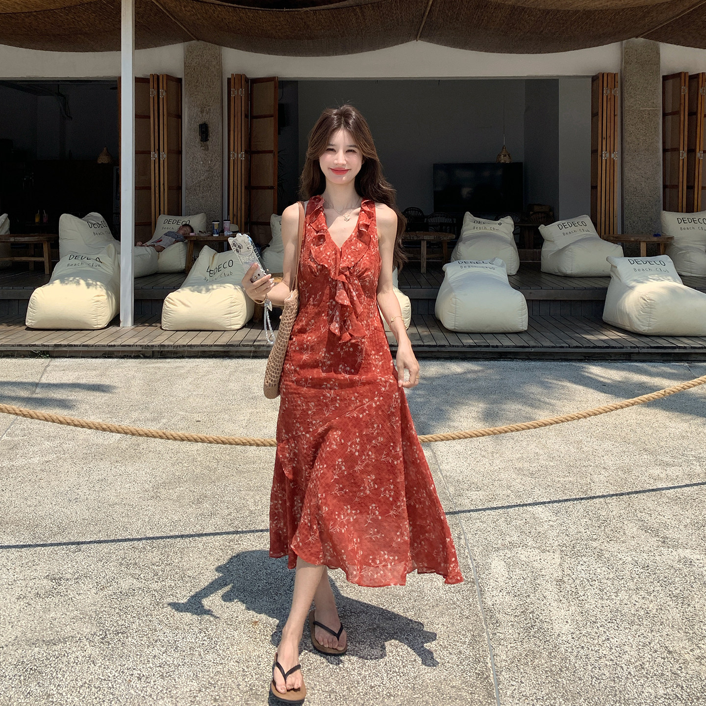 度假风绝美红色碎花无袖连衣裙女