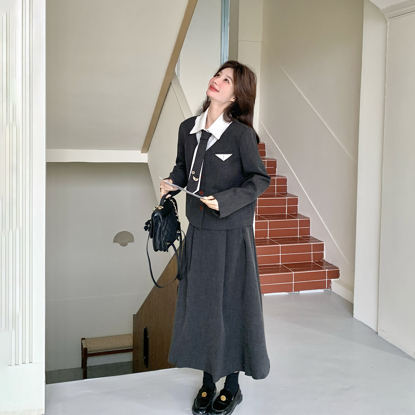 学院风复古气质灰色拼接西装套装女春季2026新款漂亮半身裙两件套