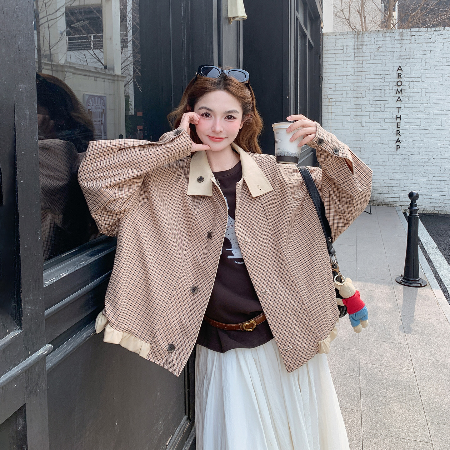 立领两面穿格子拼接短外套女春季2026新款小个子减龄流行爆款夹克