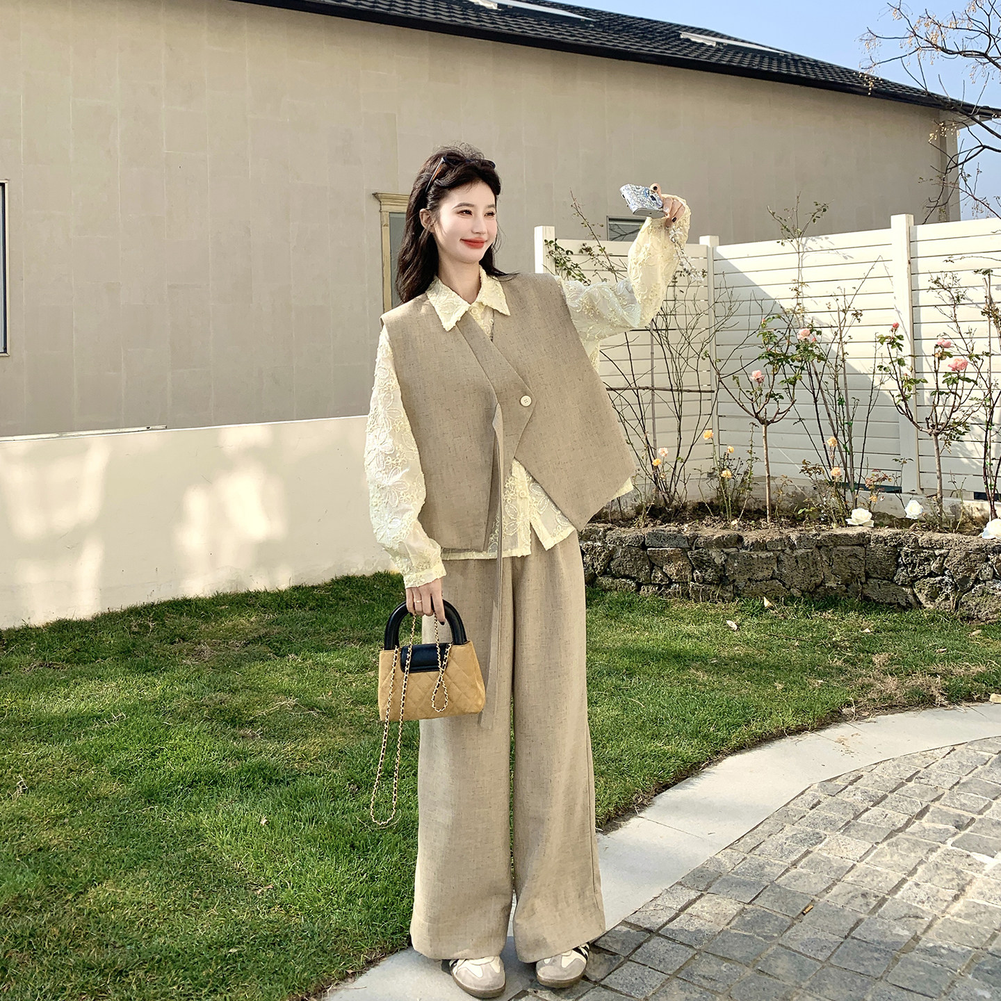 韩系穿搭一整套气质优雅套装女春季2026新款马甲衬衫阔腿裤三件套