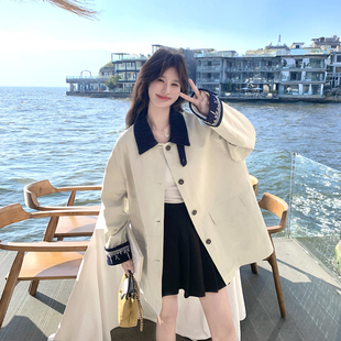 英伦风撞色刺绣米白色风衣外套女春季2026新款中长款气质超火大衣