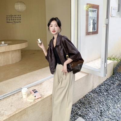 又酷又飒棕红色皮衣短款外套女春