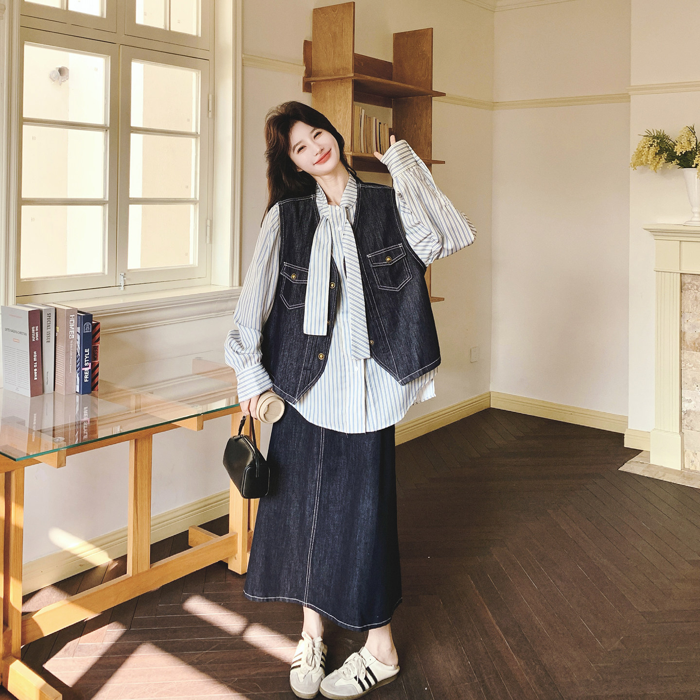 复古设计感牛仔马甲套装女春季2026新款减龄条纹衬衫半身裙三件套