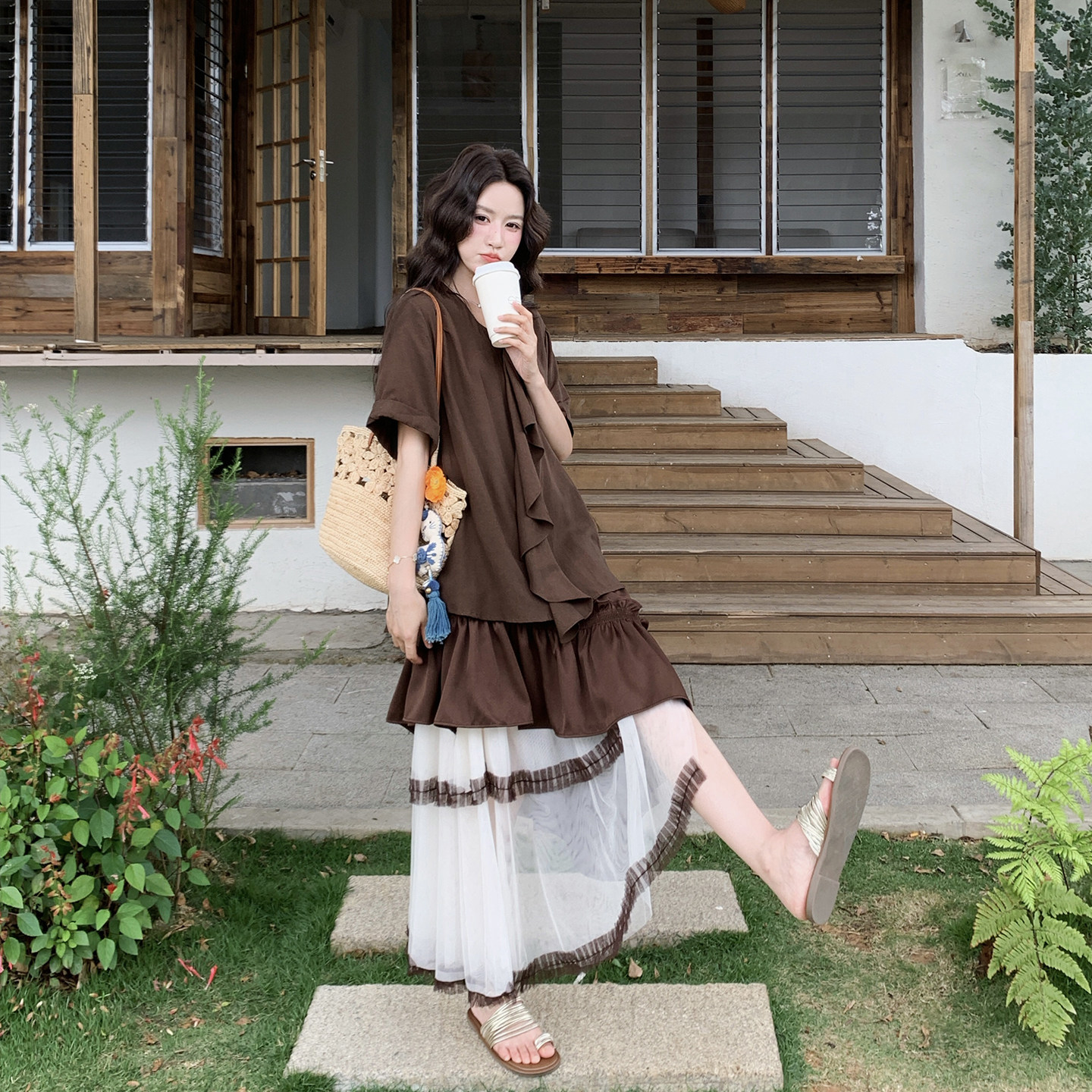 不规则T恤网纱拼接半身裙套装女
