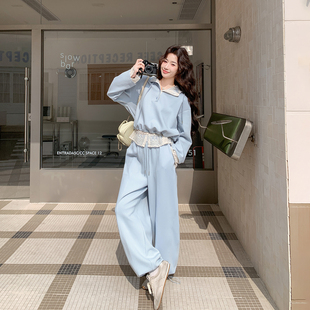 超好看蕾丝拼接蓝色卫衣阔腿裤 女春季 2026新款 ootd穿搭两件套 套装