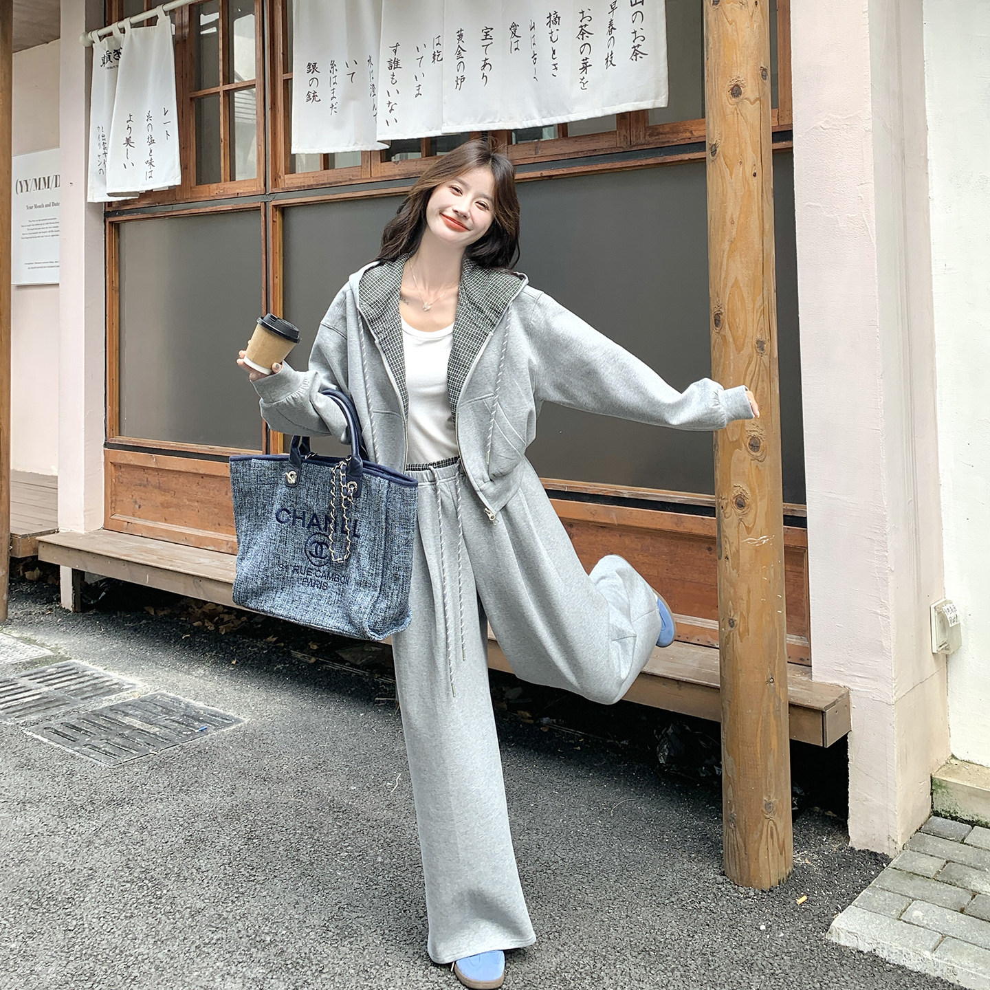 格纹拼接连帽浅灰色卫衣套装裤女