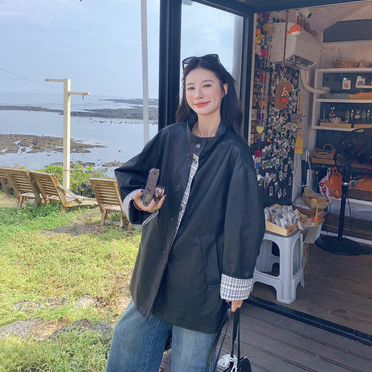 格子拼接复古黑色皮衣外套女春季2026新款机车服中长款百搭PU夹克