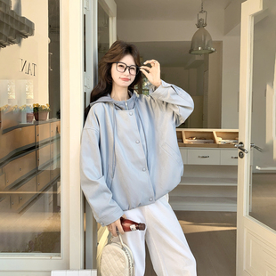 假两件拼接连帽蓝色皮衣外套女春季2026新款短款小个子机车服夹克