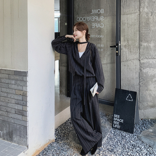 韩系chic假两件条纹上衣阔腿裤套装女春季2026新款休闲复古两件套