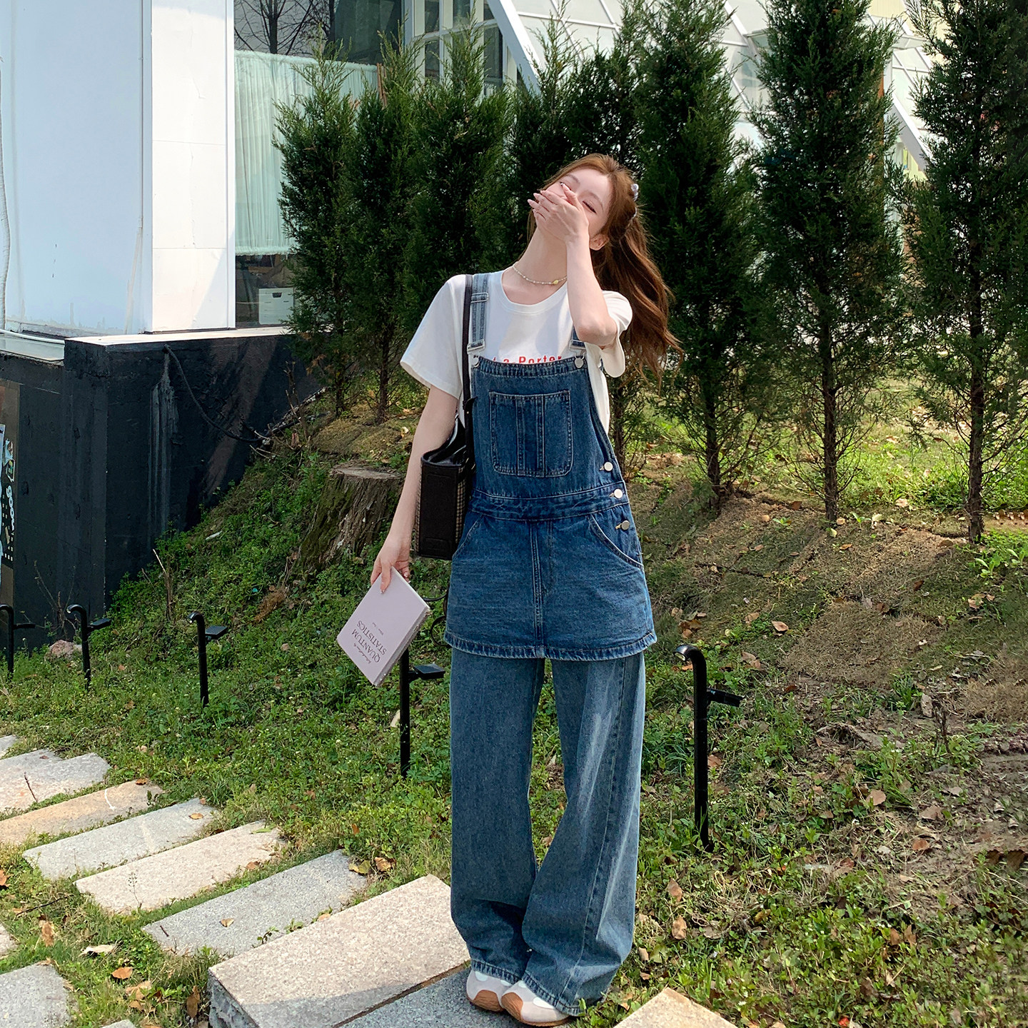 假两件叠穿拼接牛仔背带裤女夏季