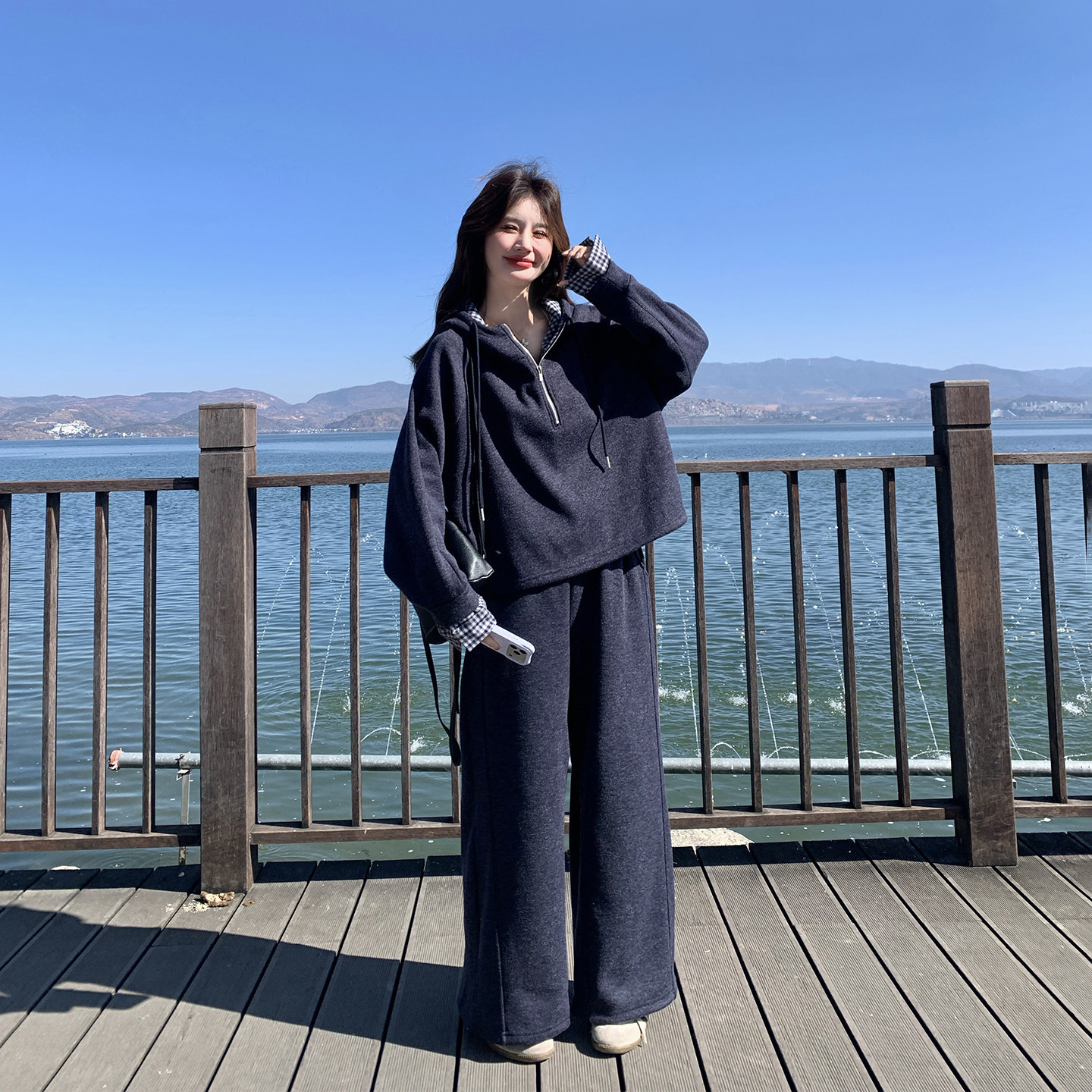 韩系一整套ootd穿搭连帽卫衣套装女春季2026新款减龄阔腿裤两件套