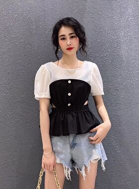 特 Mangu coco春夏装新款短袖上衣黑白拼接撞色侧腰露修身性感衫
