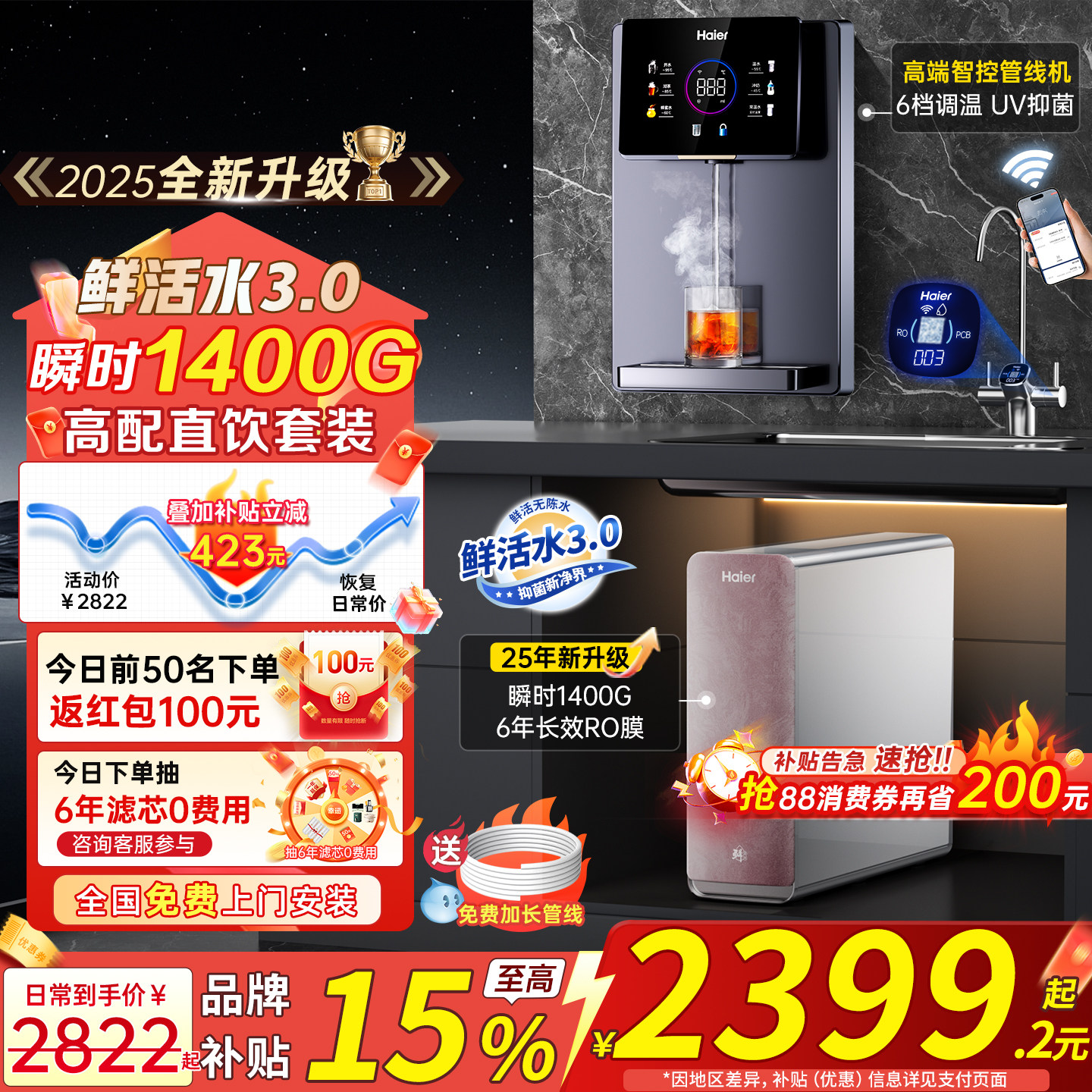 海尔鲜活水3.0净水器管线机一体加热直饮壁挂式净饮水机1200G