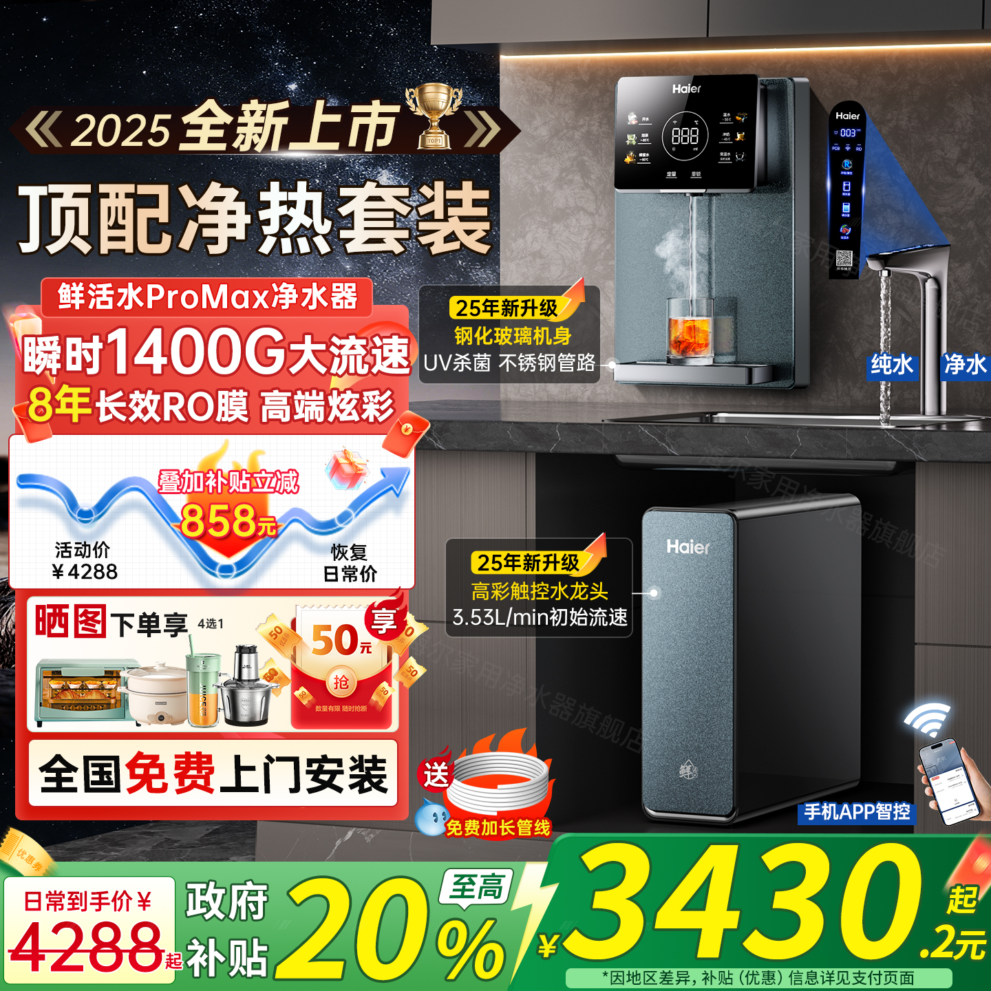 瞬时1400G高端彩屏触控双水龙头