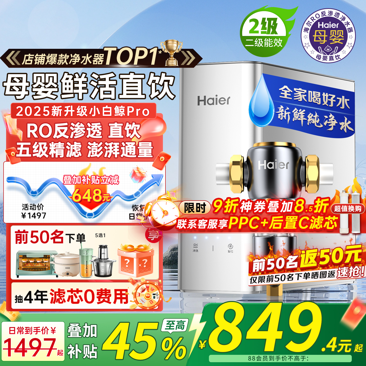 海尔家用净水器限时补贴45%速抢