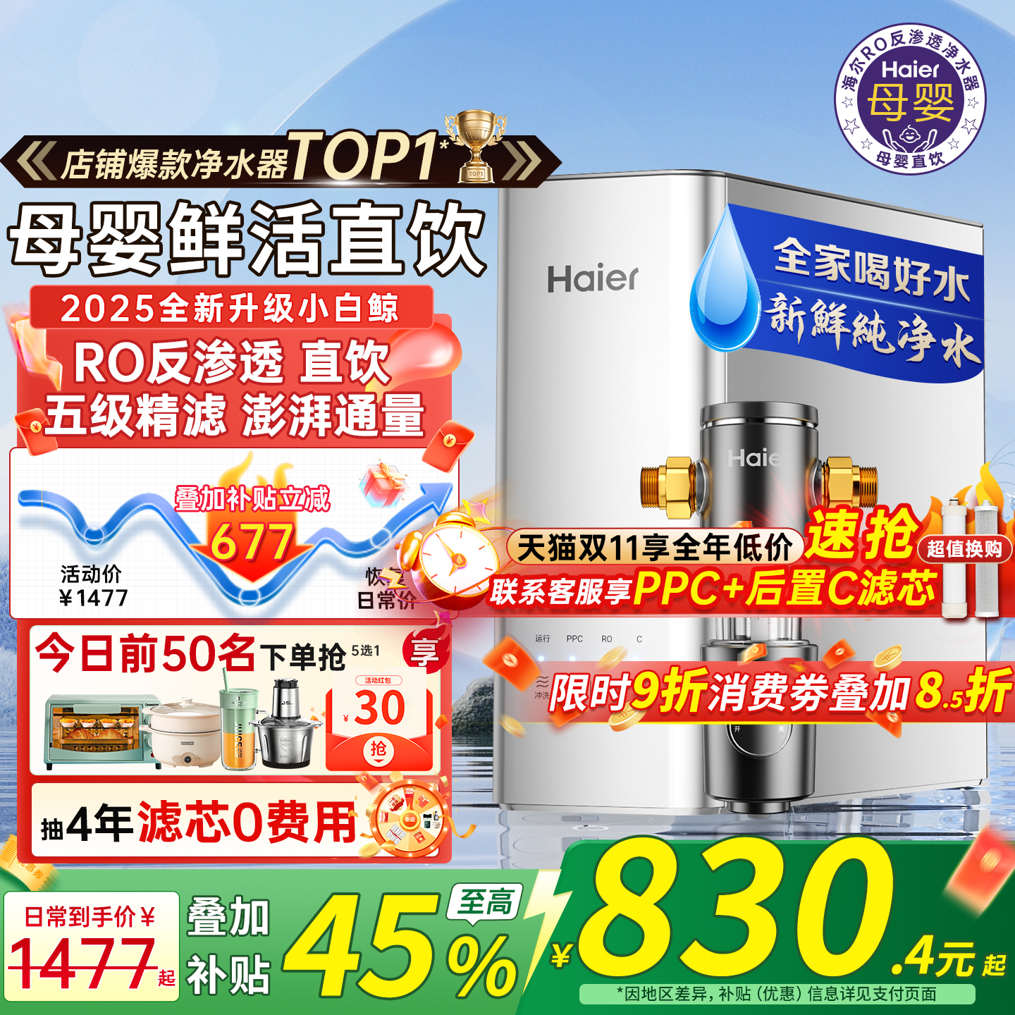 政府补贴海尔净水器家用厨房自来水加热一体ro反渗透新款直饮机