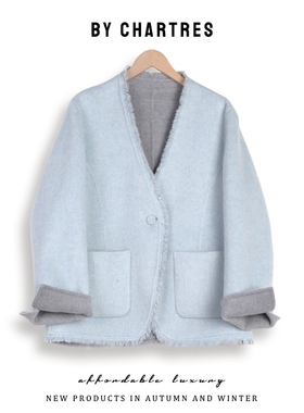 两面穿无领双面羊毛外套女 2025早春新款双面呢 气质收腰呢子大衣