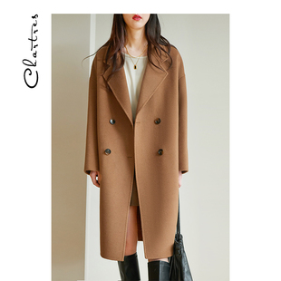 茧型双面呢大衣 高端西装领宽松驼色黑色羊毛毛呢外套女