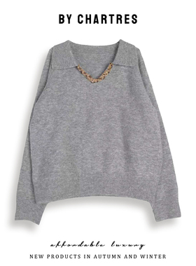 2025秋款小翻领针织衫女 宽松款厚款套头衫长袖时尚毛衣外穿上衣