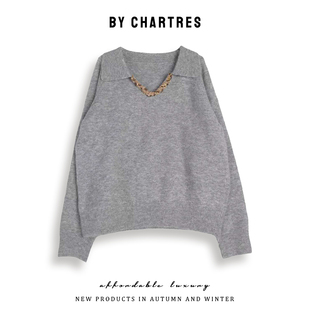 2025秋款小翻领针织衫女 宽松款厚款套头衫长袖时尚毛衣外穿上衣