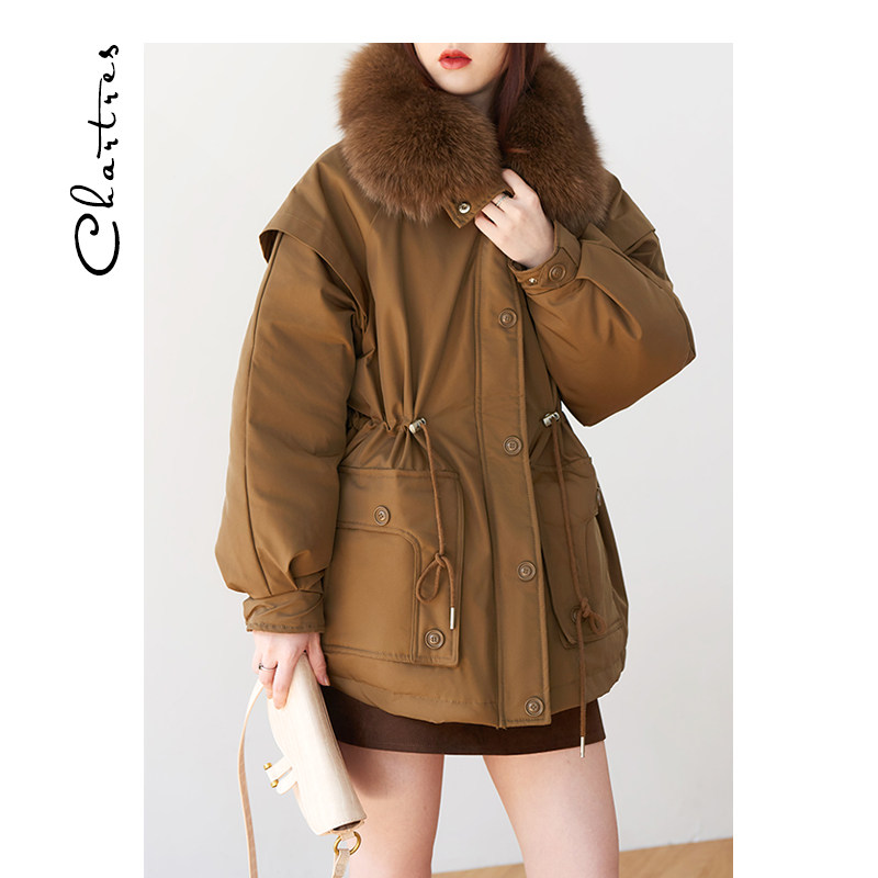 chartres 大毛领大口袋 工装风棕色军绿色短款小个子羽绒服女