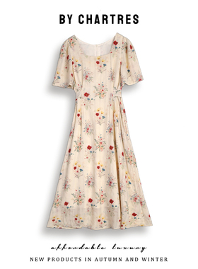 2025夏季新款法式气质方领碎花显瘦中长款裙子 A字裙伞裙连衣裙女