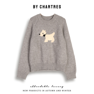 卡通小狗印花毛衣 2025秋冬新款套头内搭针织慵懒风提花外穿毛衣
