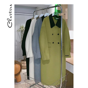 清仓 秋冬新款高支羊毛双面呢灰色大衣中长款复古翻领双面外套女