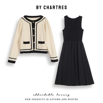 小香风针织套装裙 2025春季新款针织开衫外套背心连衣裙两件套女