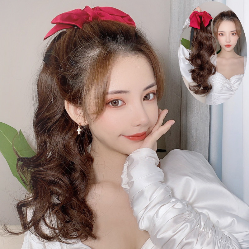 马尾假发女长发带红色蝴蝶结假马尾大波浪绑带式中长卷发辫子发型