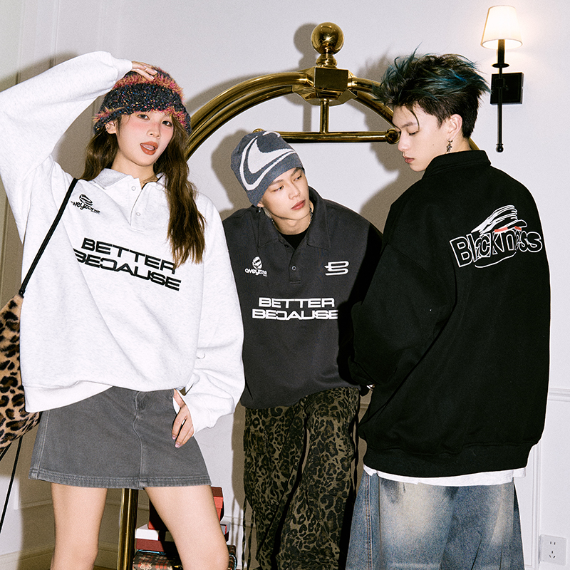 RICHDEER美式街头重磅字母长袖polo衫潮秋季翻领外套情侣套头上衣