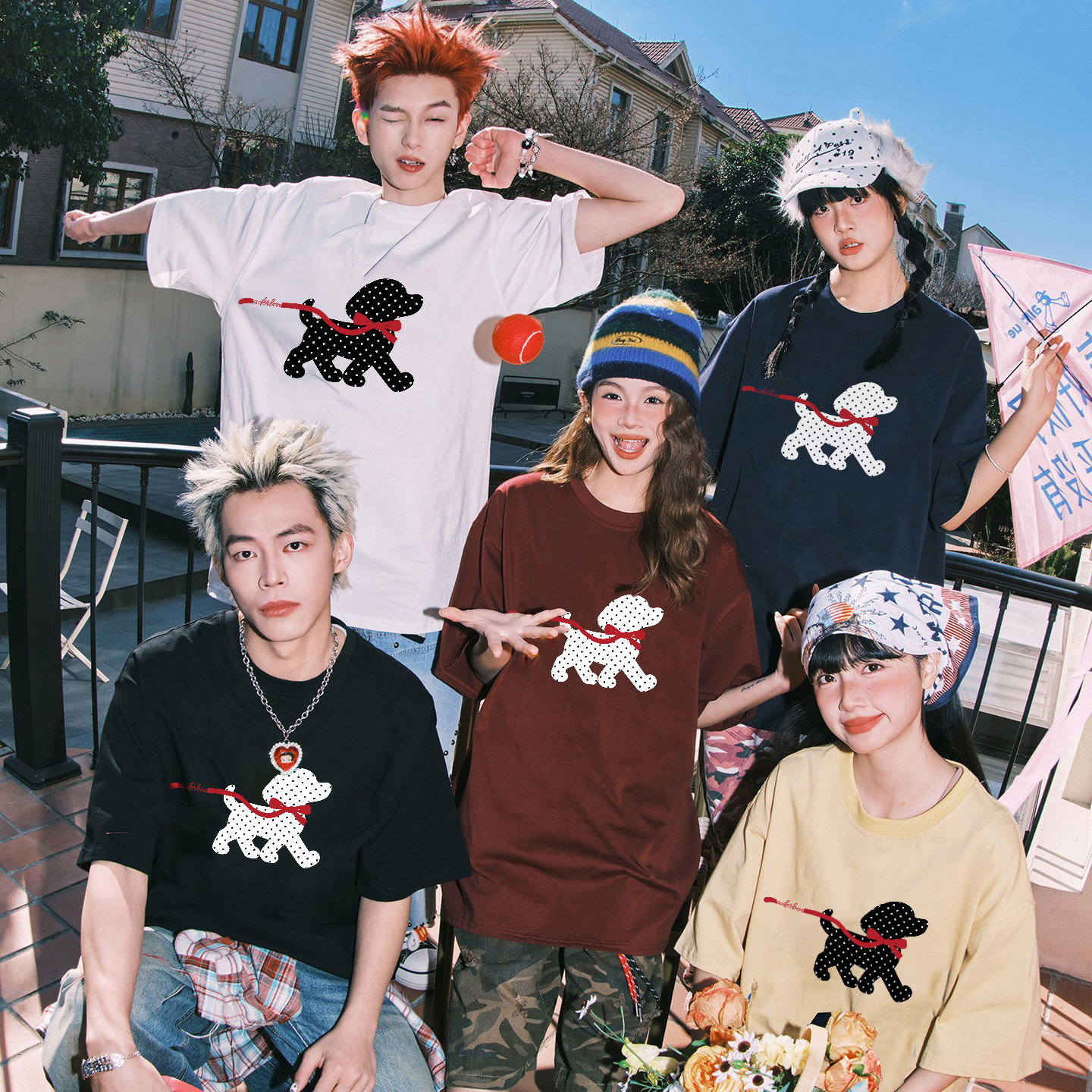 ADERBEN美式潮牌波点印花T恤男女款夏季套头落肩情侣款短袖体恤衫