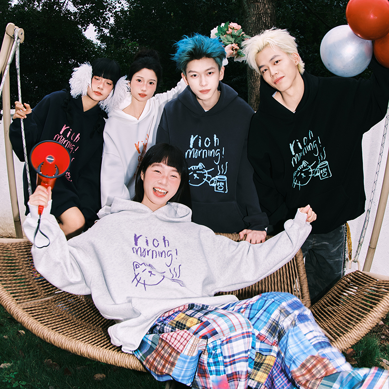 美式童趣小猫重磅连帽卫衣