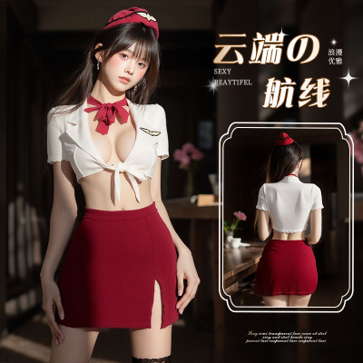 纯欲空姐制服性感深V免脱套装角色扮演诱惑yt