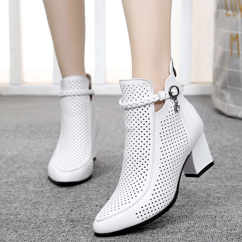 Spring and autumn womens boots net boots hole leather hollow thick heel mesh short boots high heel womens shoes single boots summer cool boots small 33
