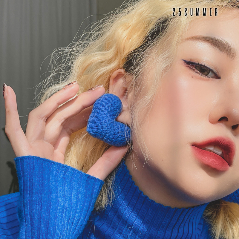 原创毛线编织立体爱心耳环耳夹