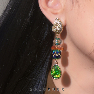 25SUMMER原创 中古感精致彩色琉璃景泰蓝欧泊珠气质复古耳环 青绮