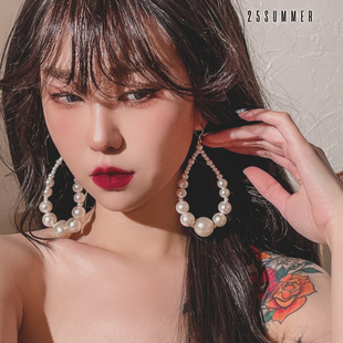 25SUMMER原创设计港风气质复古渐变珍珠耳环夸张大水滴长款耳夹女