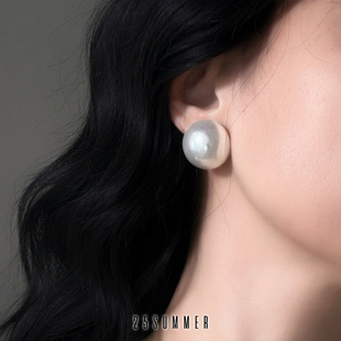 25SUMMER手作 耳钉耳夹 复古百搭亮白色半圆大珍珠耳环ins博主同款
