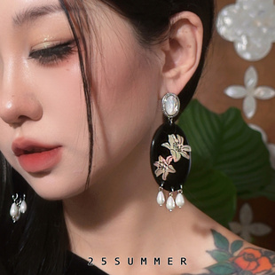 25SUMMER原创 倒仙 新中式气质复古天然贝壳炫彩螺钿花朵珍珠耳环