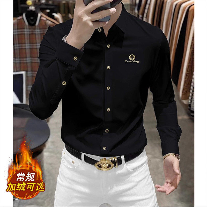 法国品牌高端黑色长袖衬衫男士秋季新款免烫抗皱修身休闲商务衬衣