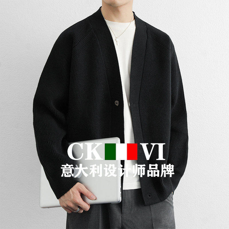 官方正品CKvi高级感针织羊绒开衫男士秋冬季简约羊毛纯色毛衣外套